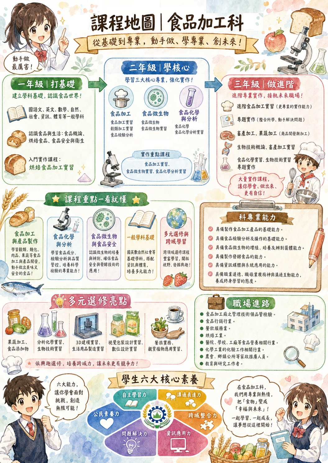 食品加工科課程地圖，說明食品加工科1-3年學習架構